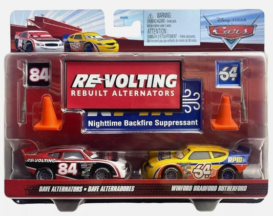 Disney Cars Die-Cast Vehicle 2-Pack Featuring Dave Alternators and Winford Bradford Rutherford with Race Flags and Signs