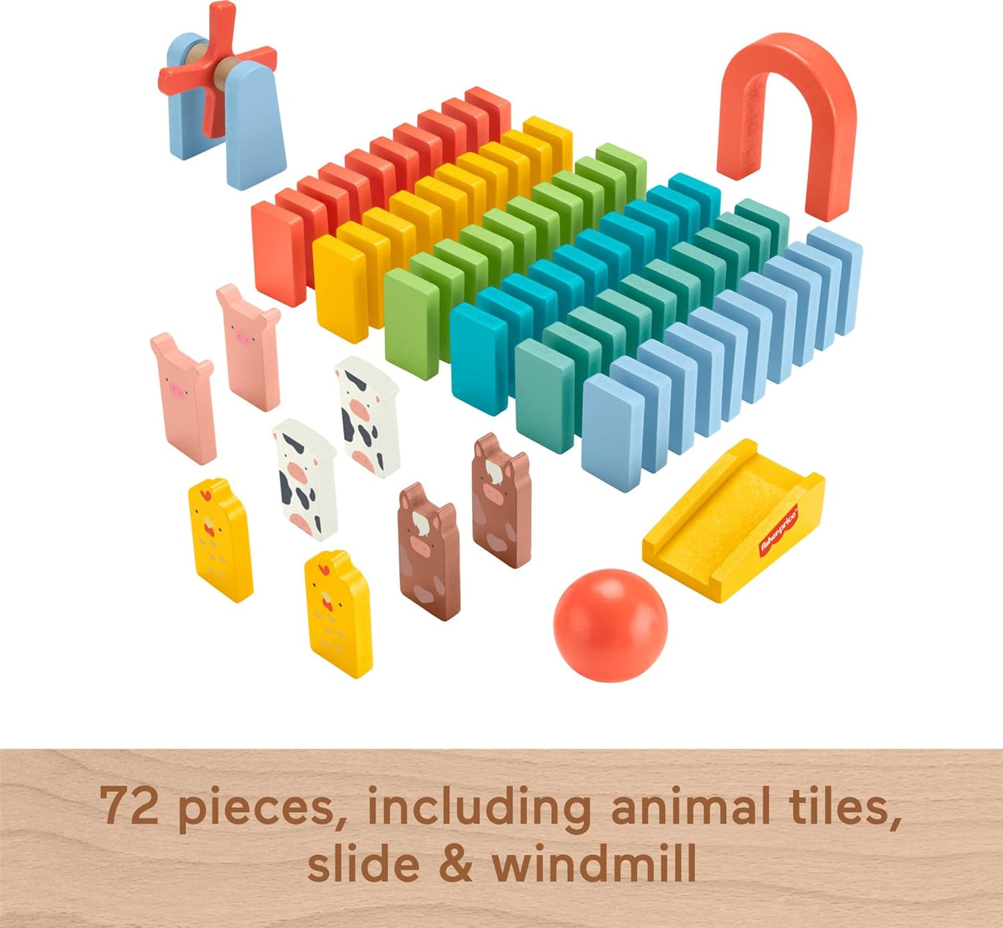 Fisher-Price Wood Preschool Domino Run Playset, 72-Piece Wooden Building Set & Domino Activity Game for Kids Ages 3+