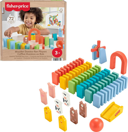 Fisher-Price Wood Preschool Domino Run Playset, 72-Piece Wooden Building Set & Domino Activity Game for Kids Ages 3+