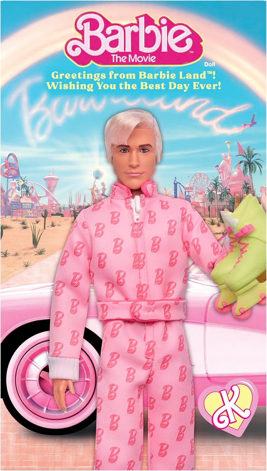 Barbie The Movie Ken Collectible Doll, Ryan Gosling as Ken in Pink Jumpsuit with “B” Detail, White Sneakers & Multicolor Roller Skates