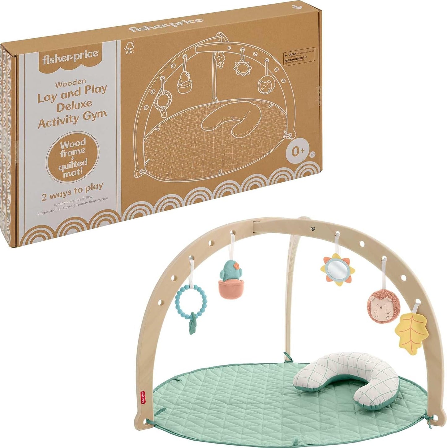Fisher-Price Wood Baby Playmat Lay & Play Deluxe Activity Gym with Wooden Frame & Tummy Time Sensory Toys, Newborns 0+ Months