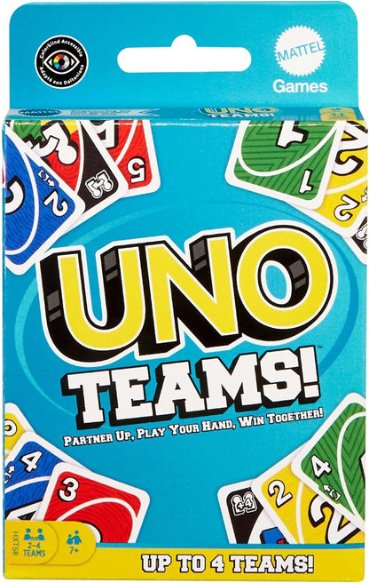 Mattel Games UNO Teams Card Game for Family & Game Nights, Travel, Camping & Parties, 7+ Players, Up to 4 Teams, Colorblind-Friendly Cards