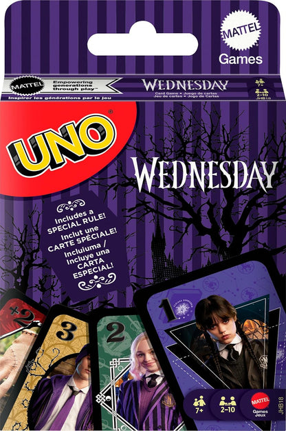 Mattel Games UNO Wednesday Card Game for Kids, Adults & Family Nights, Parties, Travel & Camping, Collectible Toy Inspired by the Series