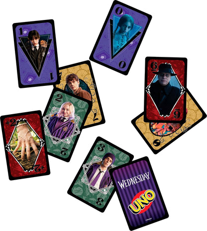 Mattel Games UNO Wednesday Card Game for Kids, Adults & Family Nights, Parties, Travel & Camping, Collectible Toy Inspired by the Series