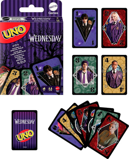 Mattel Games UNO Wednesday Card Game for Kids, Adults & Family Nights, Parties, Travel & Camping, Collectible Toy Inspired by the Series