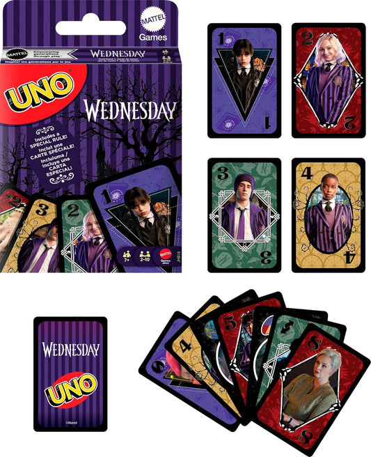 Mattel Games UNO Wednesday Card Game for Kids, Adults & Family Nights, Parties, Travel & Camping, Collectible Toy Inspired by the Series
