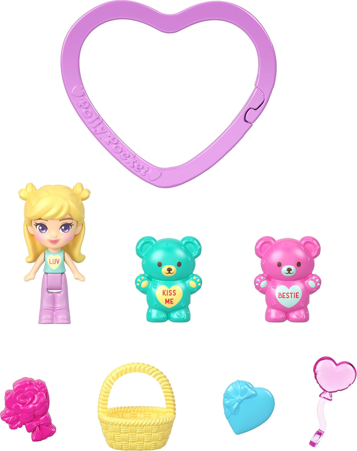 Polly Pocket x Sweethearts Micro Doll & 2 Playsets with 7 Themed Accessories & Keychain Clip, Travel Toy, Partnership Compact