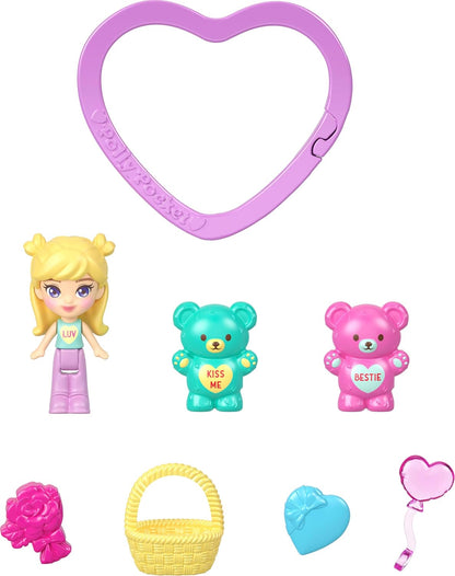 Polly Pocket x Sweethearts Micro Doll & 2 Playsets with 7 Themed Accessories & Keychain Clip, Travel Toy, Partnership Compact