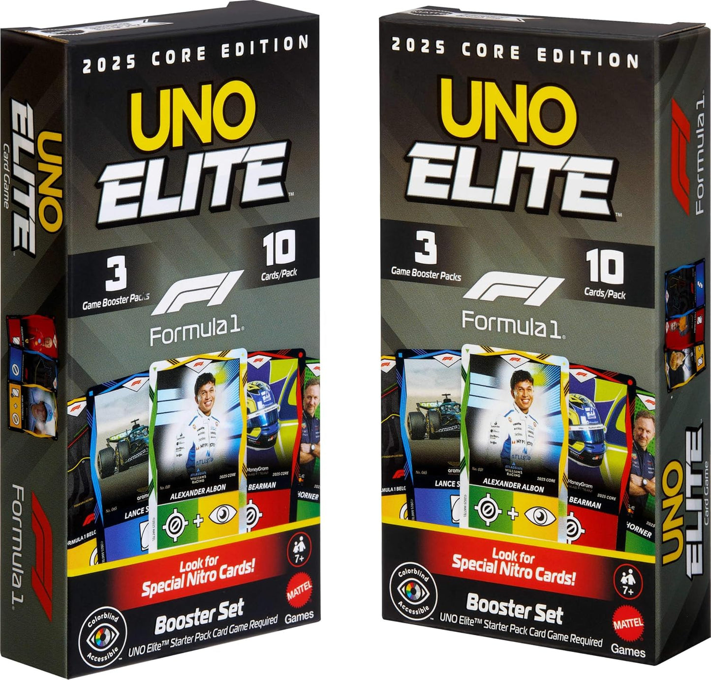 Mattel Games UNO Elite Formula 1 Booster Set 2-Pack with 60 Elite Action Cards, 2025 Core Edition