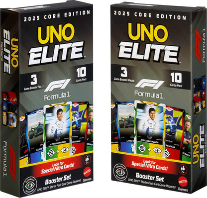 Mattel Games UNO Elite Formula 1 Booster Set 2-Pack with 60 Elite Action Cards, 2025 Core Edition