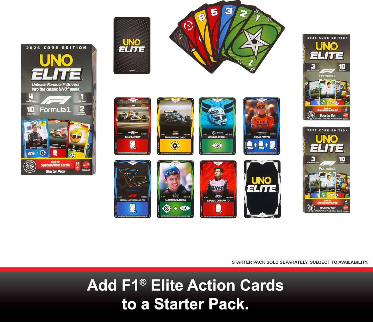 Mattel Games UNO Elite Formula 1 Booster Set 2-Pack with 60 Elite Action Cards, 2025 Core Edition