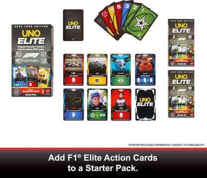 Mattel Games UNO Elite Formula 1 Booster Set 2-Pack with 60 Elite Action Cards, 2025 Core Edition