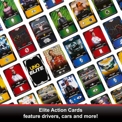 Mattel Games UNO Elite Formula 1 Booster Set 2-Pack with 60 Elite Action Cards, 2025 Core Edition