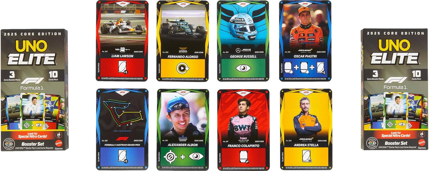 Mattel Games UNO Elite Formula 1 Booster Set 2-Pack with 60 Elite Action Cards, 2025 Core Edition