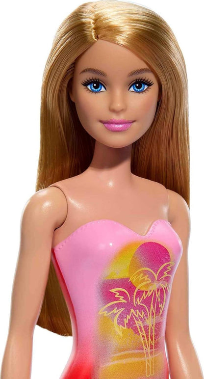 Beach Barbie Doll with Blond Hair Wearing Pink Palm Tree-Print Swimsuit