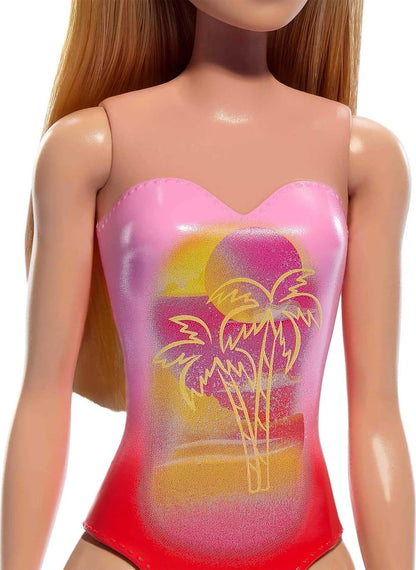Beach Barbie Doll with Blond Hair Wearing Pink Palm Tree-Print Swimsuit