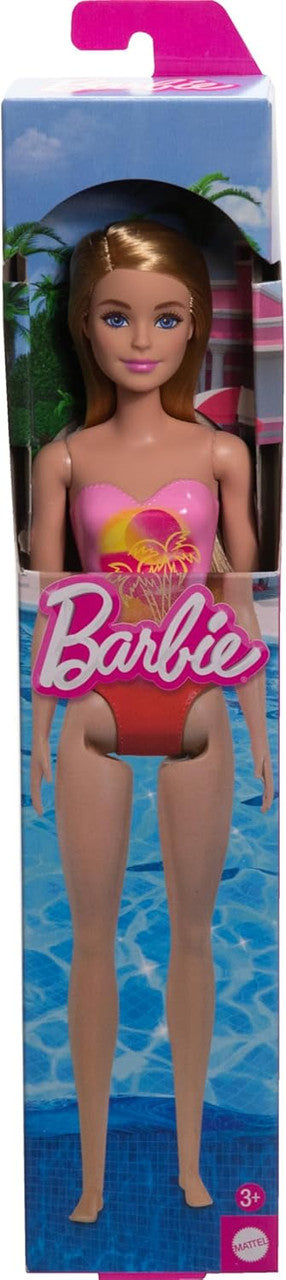 Beach Barbie Doll with Blond Hair Wearing Pink Palm Tree-Print Swimsuit