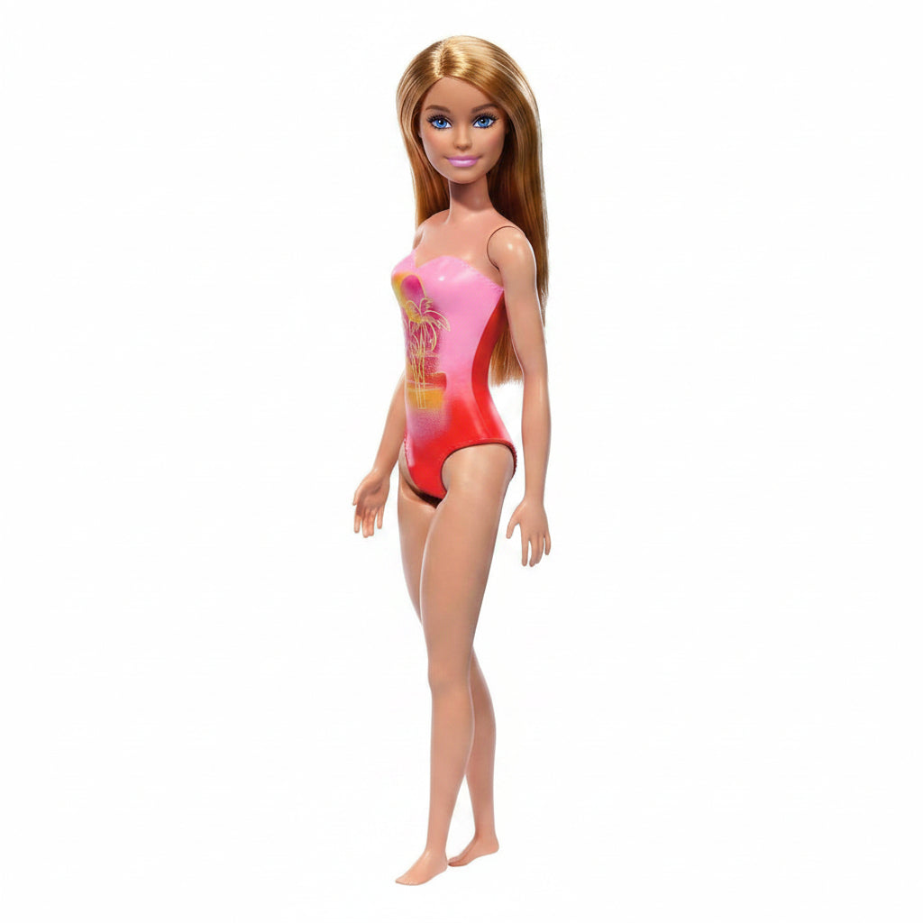Beach Barbie Doll with Blond Hair Wearing Pink Palm Tree-Print Swimsuit