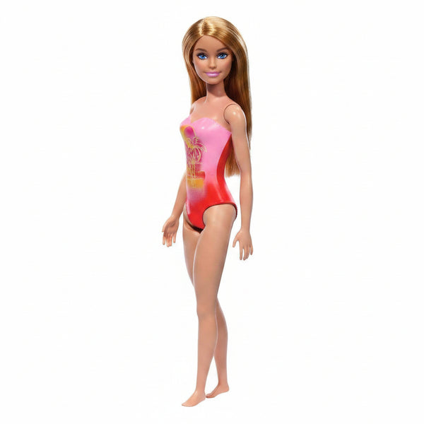Beach Barbie Doll with Blond Hair Wearing Pink Palm Tree-Print Swimsuit