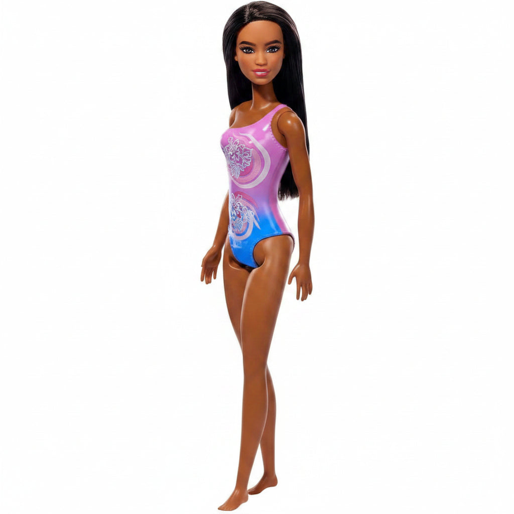 Beach Barbie Doll With Dark Brown Hair Wearing Tropical Purple Swimsuit