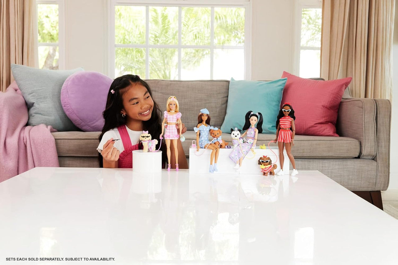 Barbie Twinning Looks Doll with Pet Dog in Matching Red Striped Clothes