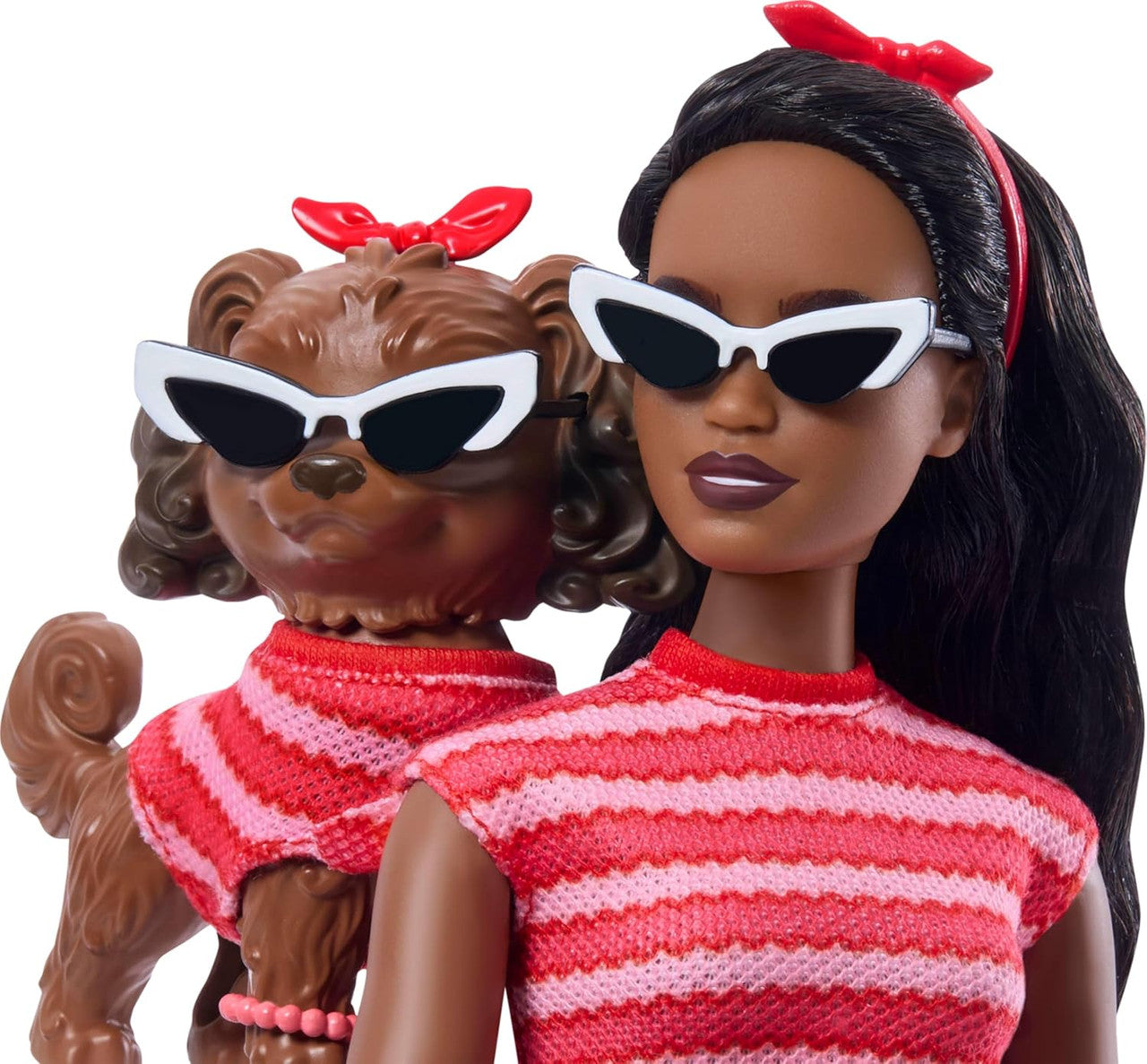 Barbie Twinning Looks Doll with Pet Dog in Matching Red Striped Clothes