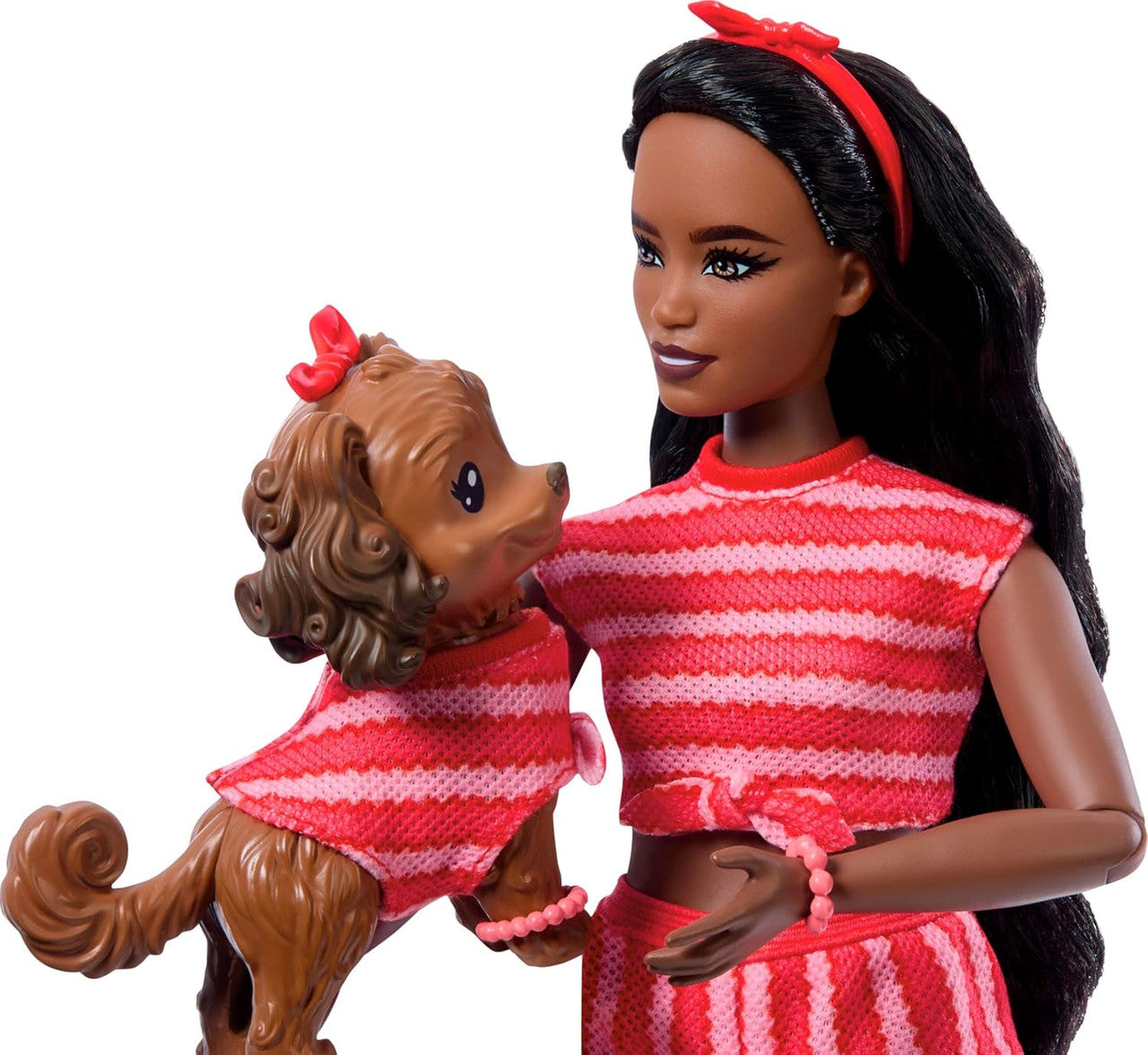 Barbie Twinning Looks Doll with Pet Dog in Matching Red Striped Clothes