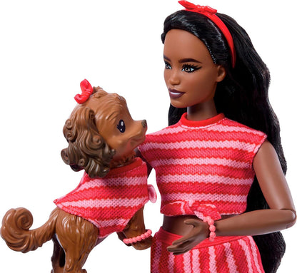 Barbie Twinning Looks Doll with Pet Dog in Matching Red Striped Clothes