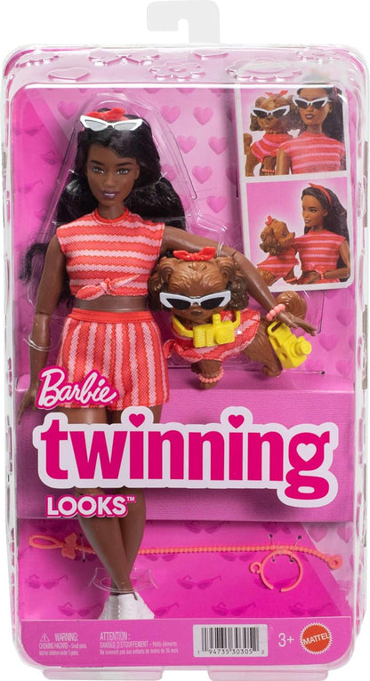 Barbie Twinning Looks Doll with Pet Dog in Matching Red Striped Clothes