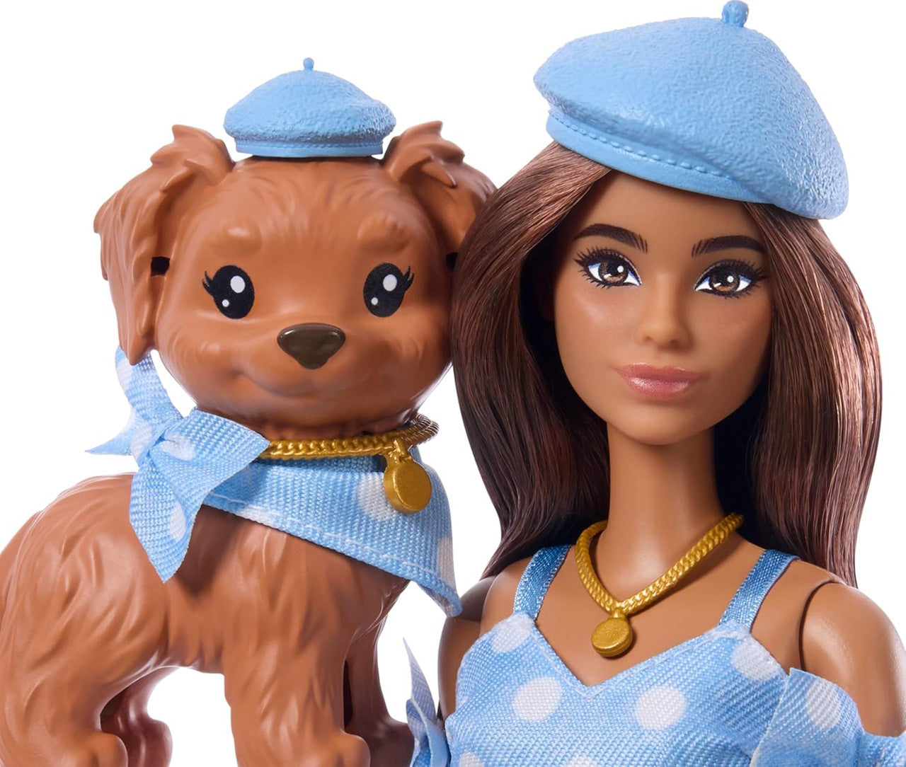 Barbie Twinning Looks Doll with Pet Dog in Matching Blue Polka Dot Clothes