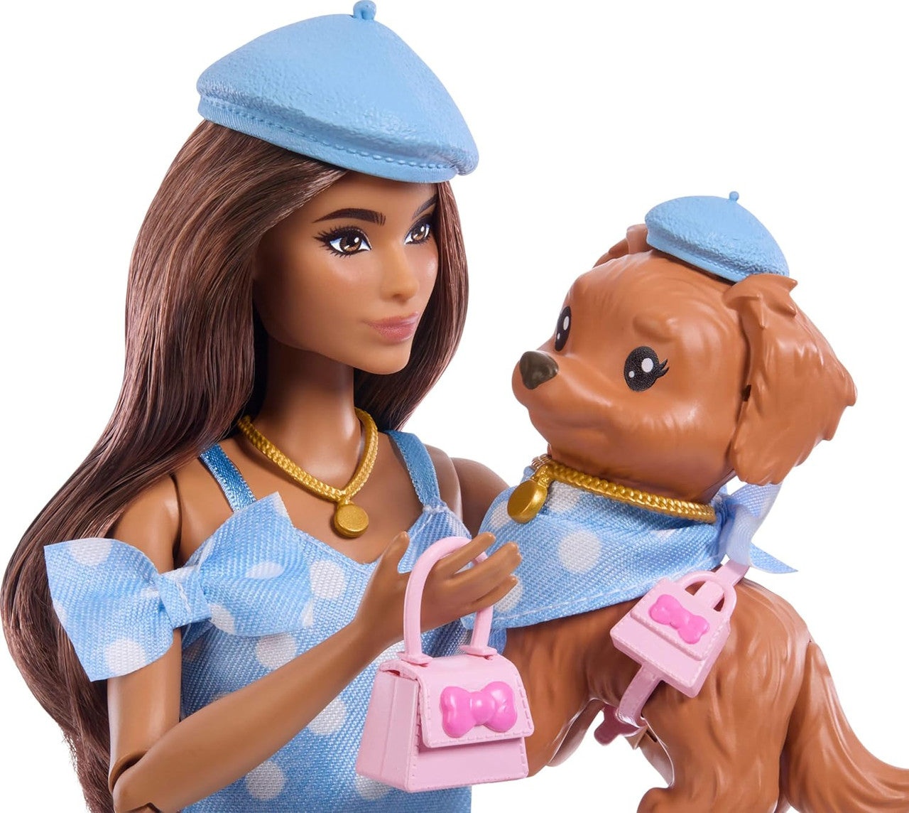 Barbie Twinning Looks Doll with Pet Dog in Matching Blue Polka Dot Clothes