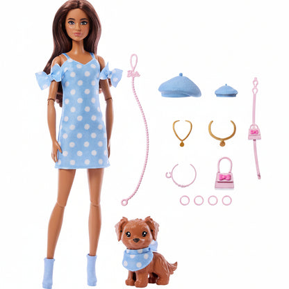 Barbie Twinning Looks Doll with Pet Dog in Matching Blue Polka Dot Clothes