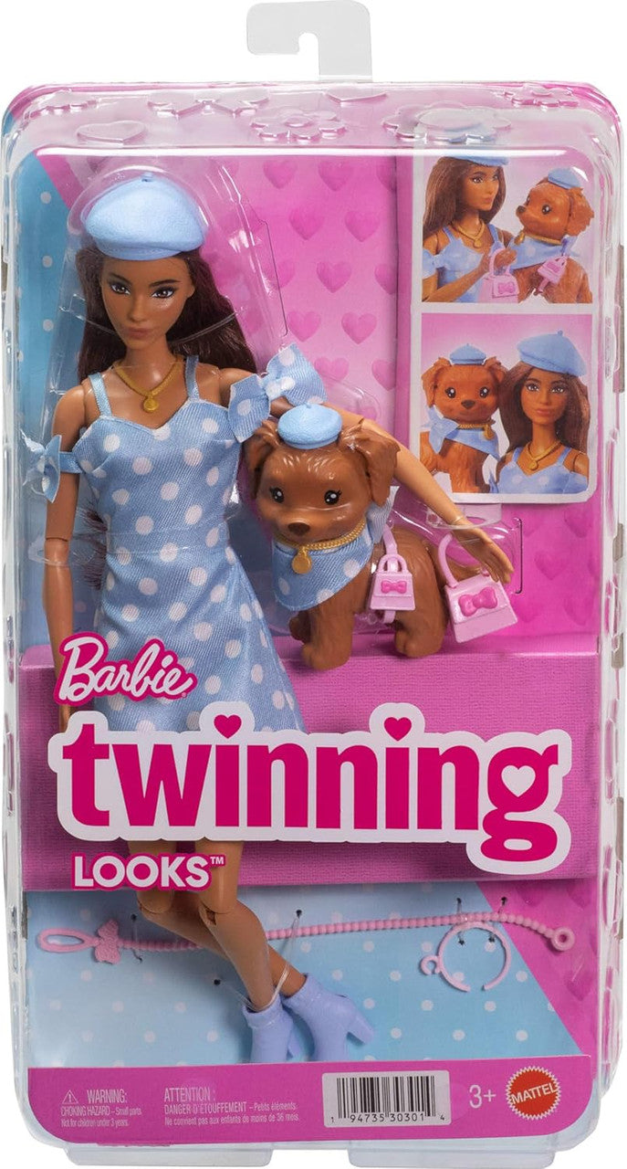 Barbie Twinning Looks Doll with Pet Dog in Matching Blue Polka Dot Clothes