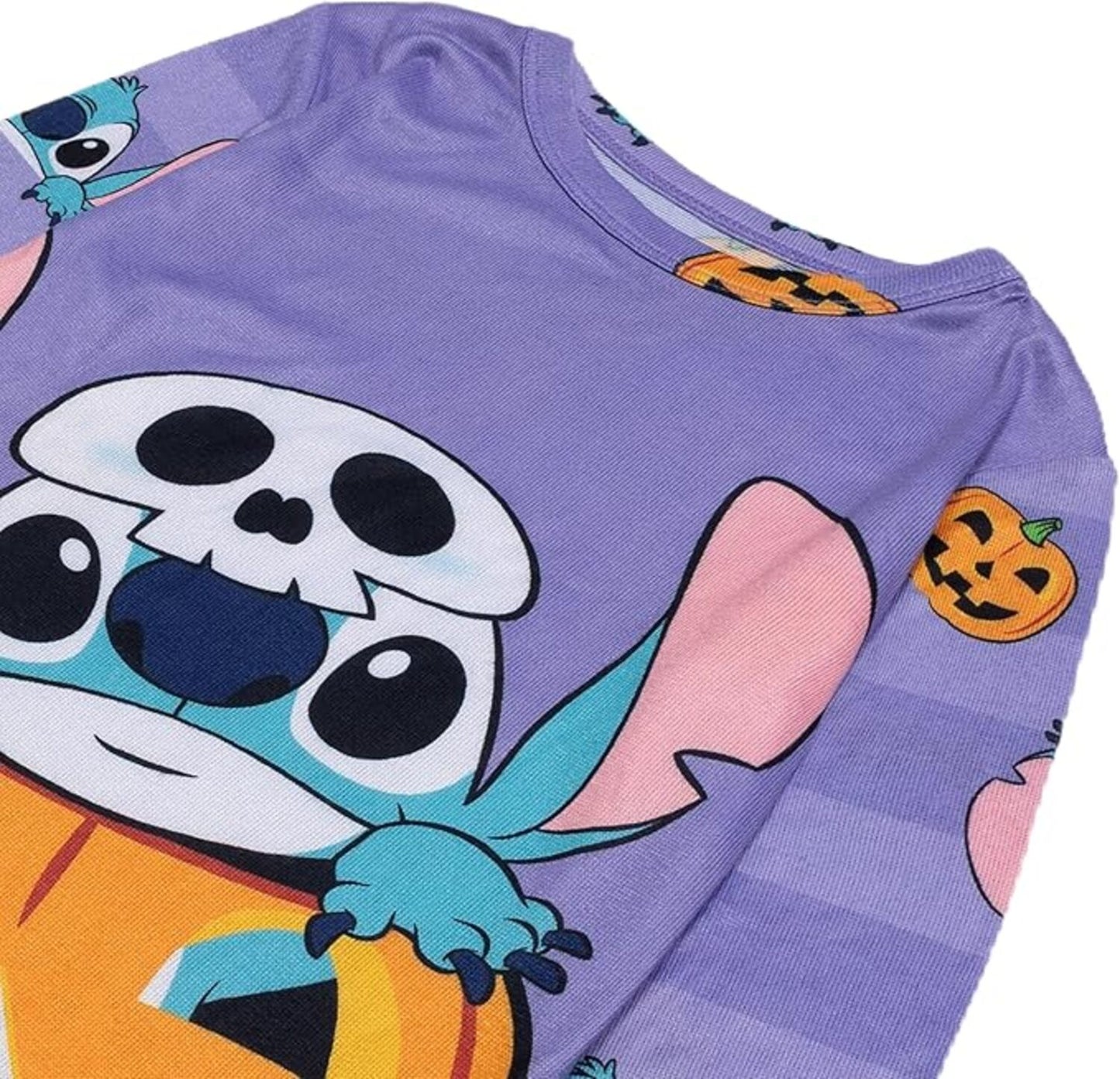 Disney Stitch Halloween Girls 2-Piece Cotton Pajama Set, Long Sleeve Stitch Pumpkin Graphic Top and Striped Pants, Purple