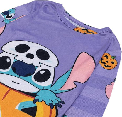 Disney Stitch Halloween Girls 2-Piece Cotton Pajama Set, Long Sleeve Stitch Pumpkin Graphic Top and Striped Pants, Purple