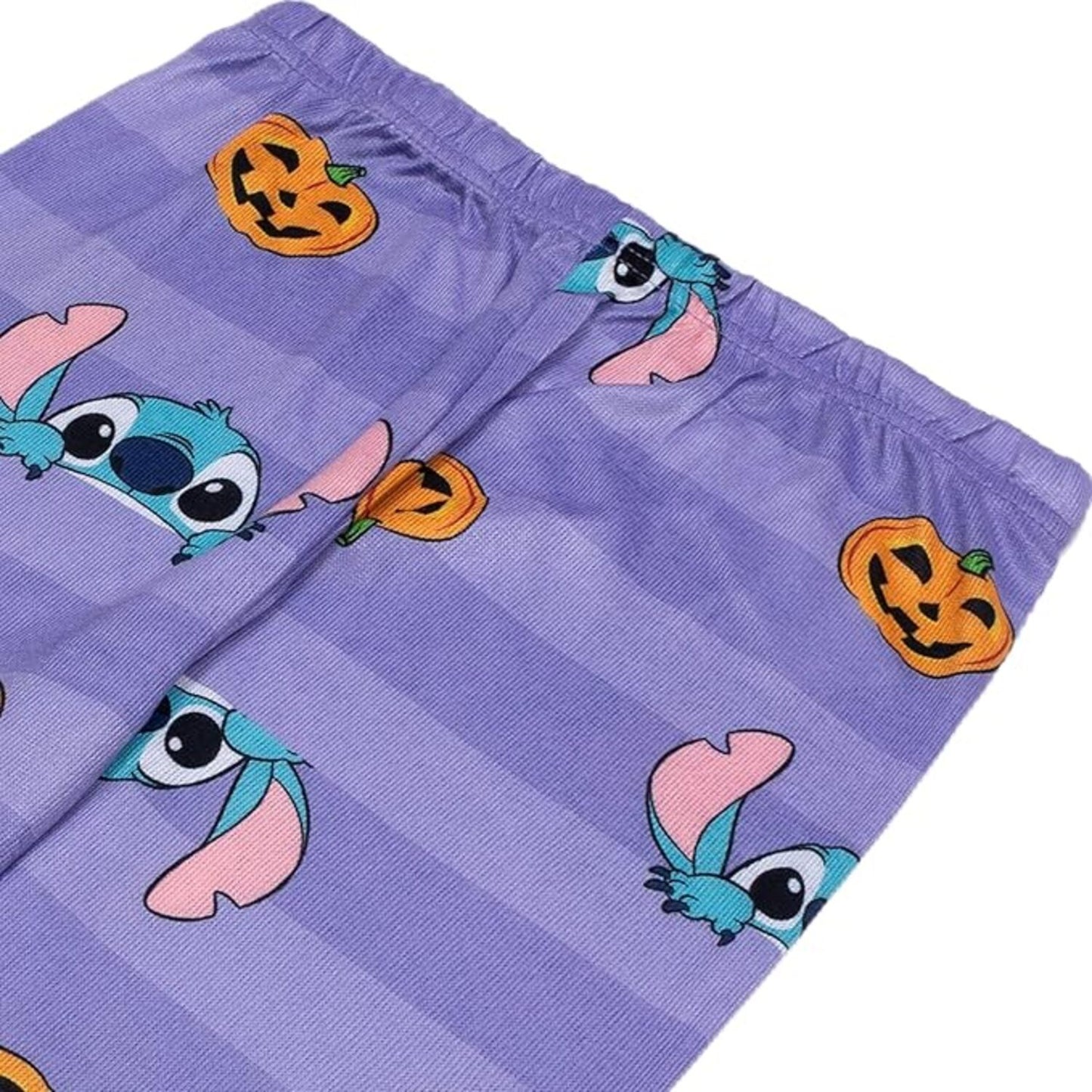 Disney Stitch Halloween Girls 2-Piece Cotton Pajama Set, Long Sleeve Stitch Pumpkin Graphic Top and Striped Pants, Purple