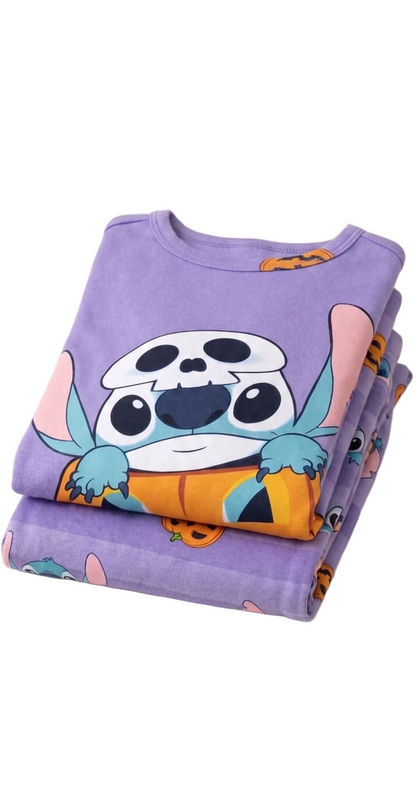 Disney Stitch Halloween Girls 2-Piece Cotton Pajama Set, Long Sleeve Stitch Pumpkin Graphic Top and Striped Pants, Purple