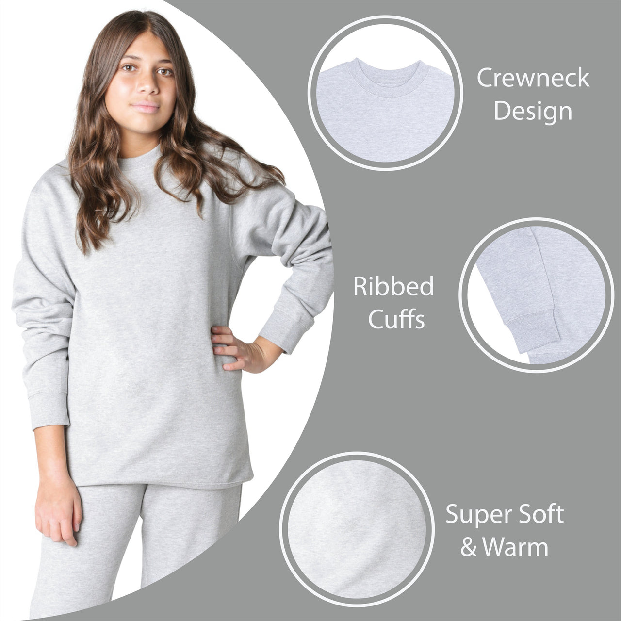 EVERYDAY KIDS Girls’ Fleece Heather Gray Crewneck Sweatshirt