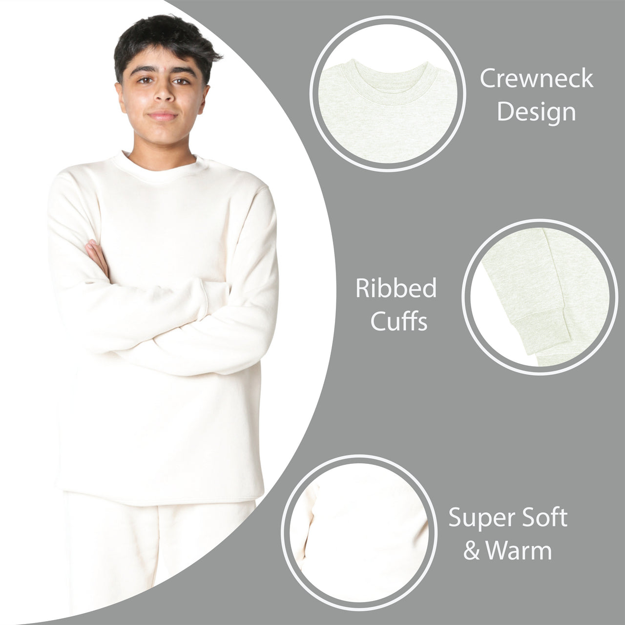 EVERYDAY KIDS Boys’ Fleece Off-White Crewneck Sweatshirt