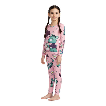 Care Bears Toddler Girls Pink Long Sleeve Pajama Set with Frankenstein and Bride Bear Print Top and Jogger Pants