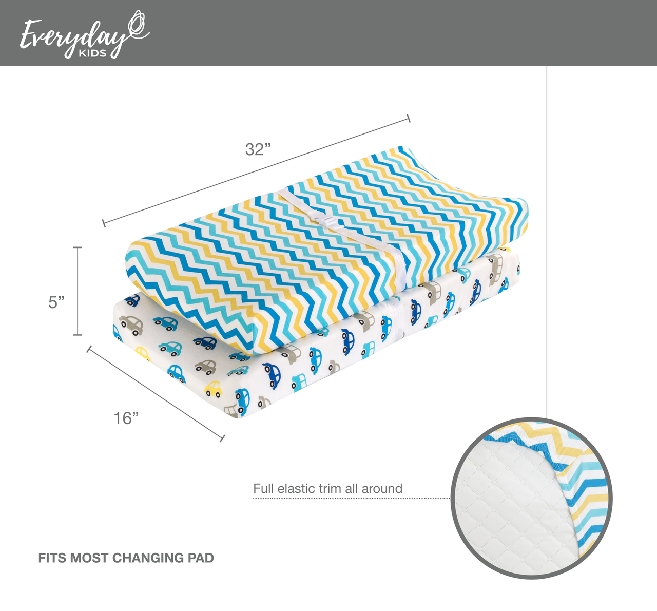 EVERYDAY KIDS 2 Pack Cotton Jersey Knit Changing Pad Cover - Cars/Chevron