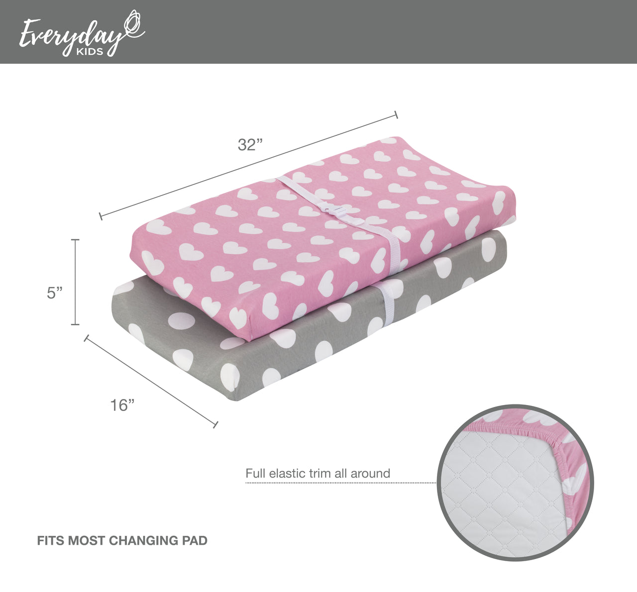 EVERYDAY KIDS 2 Pack Cotton Jersey Knit Changing Pad Cover - Hearts/Dots