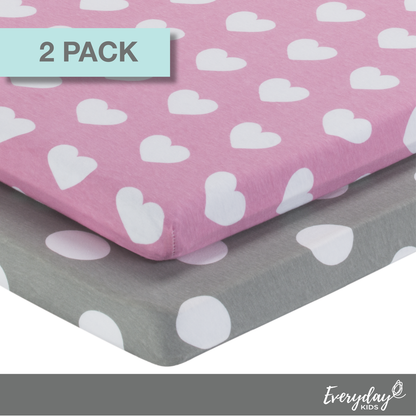 EVERYDAY KIDS 2 Pack Cotton Jersey Knit Cradle Sheet Set - Hearts/Polka Dots