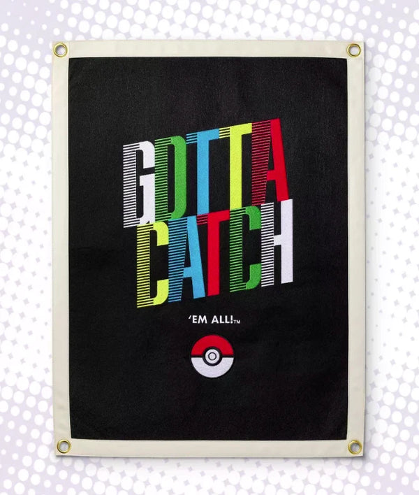 Pokémon Poké Ball Embroidered Felt Banner, 18" "Gotta Catch 'Em All!" Wall Hanging Pennant with Brass Corner G